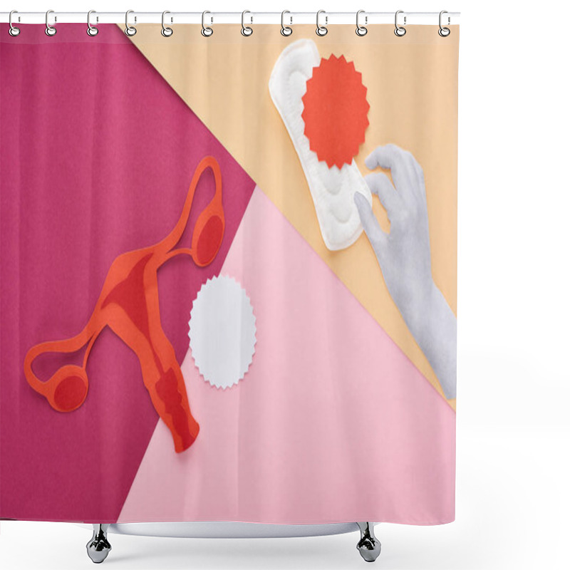 Personality  White Hand With Sanitary Towel Near Female Reproductive System And Empty Cards On Pink, Purple And Beige Background Shower Curtains