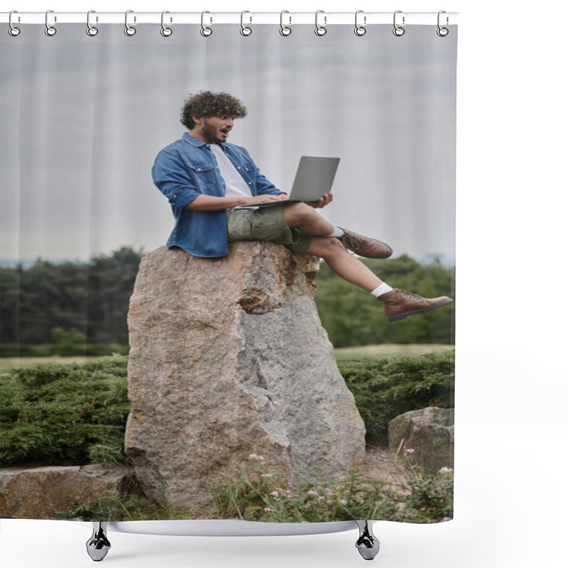 Personality  Digital Nomadism, Amazed Indian Freelancer Using Laptop, Sitting On Rock, Remote Work Concept Shower Curtains