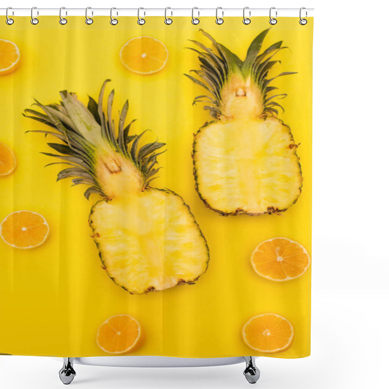 Personality  Top View Of Halves Of Juicy Lemons And Pineapples Isolated On Yellow  Shower Curtains