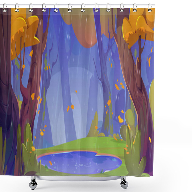 Personality  Autumn Forest Landscape With Orange Leaf On Trees And Falling, Lake And Green Grass On Shore Under Rain Droops. Cartoon Vector Fall Season Scenery Of Woodland With Pond In Rainy Cloudy Weather. Shower Curtains