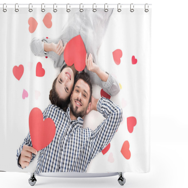 Personality  Overhead View Of Couple Lying With Paper Hearts Isolated On White, Valentines Day Concept Shower Curtains