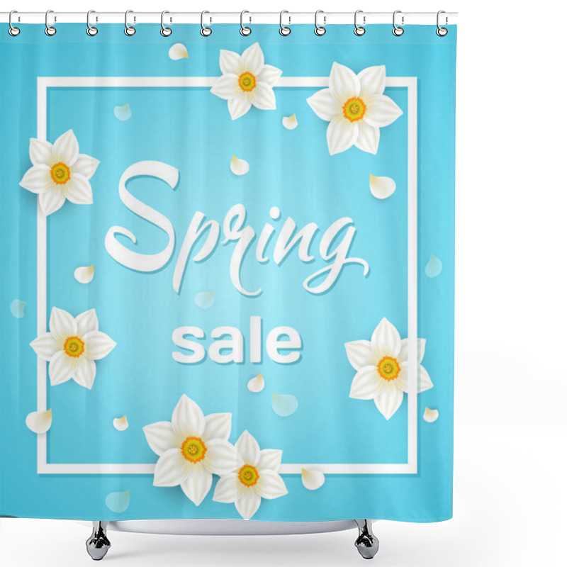 Personality  Spring Blue Background With Daffodil Flowers In White Frame Shower Curtains