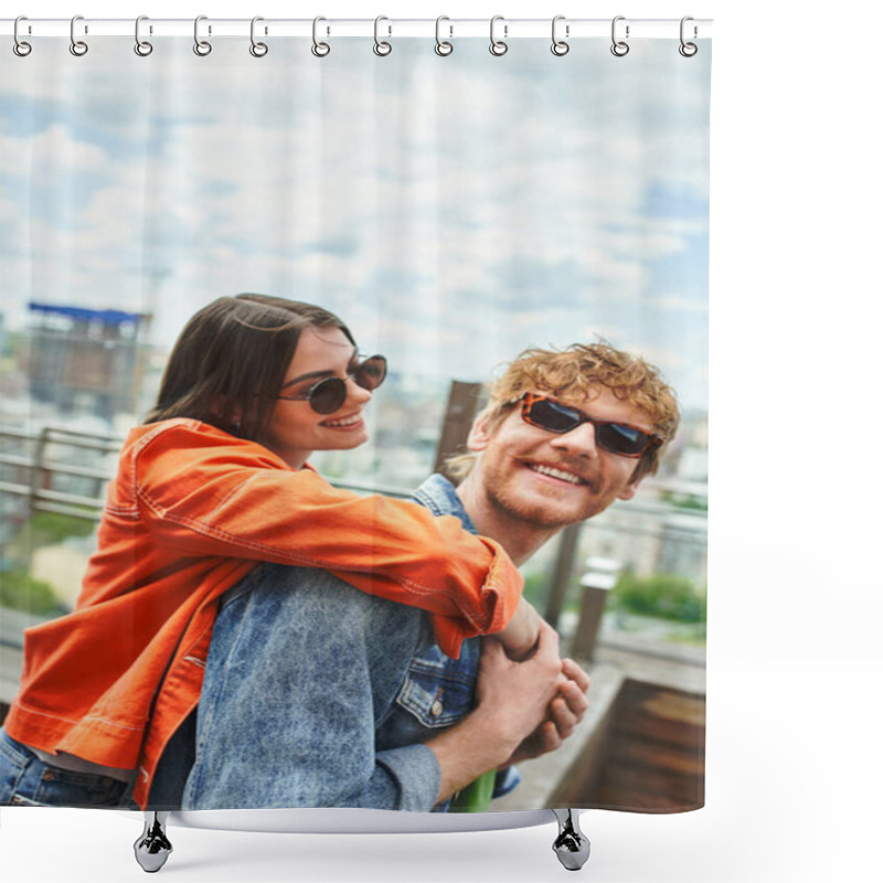 Personality  A Man Holds A Woman In A Passionate Embrace On Top Of A Building, Showcasing Their Connection Amidst The Urban Skyline Shower Curtains