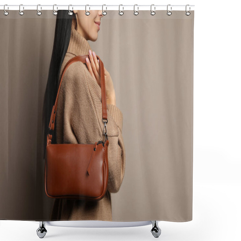 Personality  Fashionable Young Woman With Stylish Bag On Beige Background, Closeup. Space For Text Shower Curtains