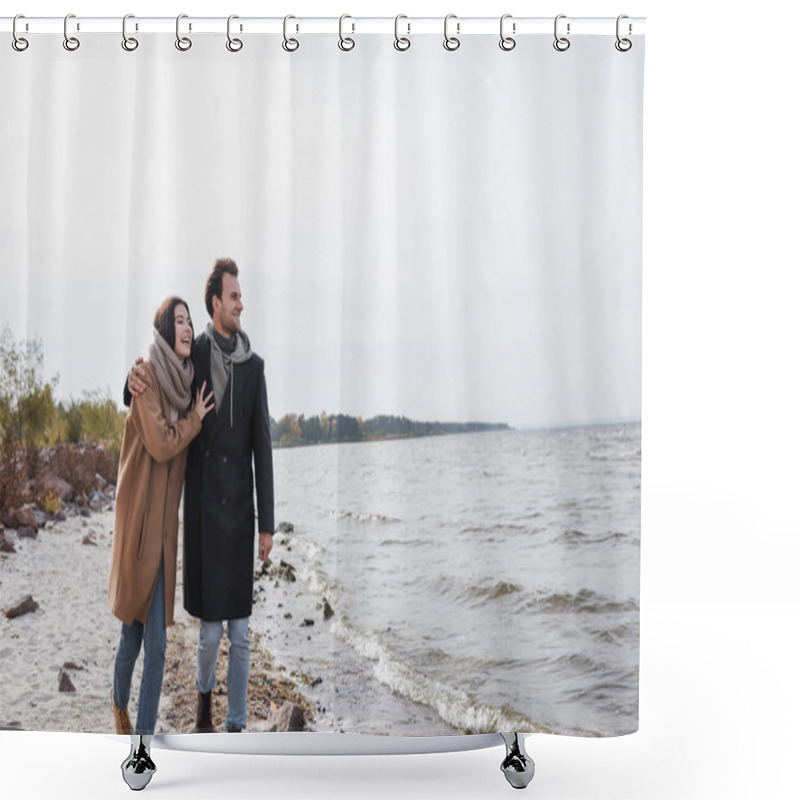 Personality  Joyful Couple Hugging And Looking Away During Autumn Walk Along Riverside Shower Curtains