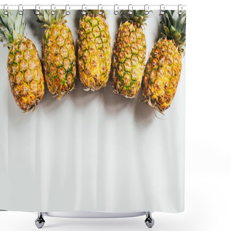 Personality  Top View Of Fresh Ripe Pineapples With Green Leaves On White Background Shower Curtains