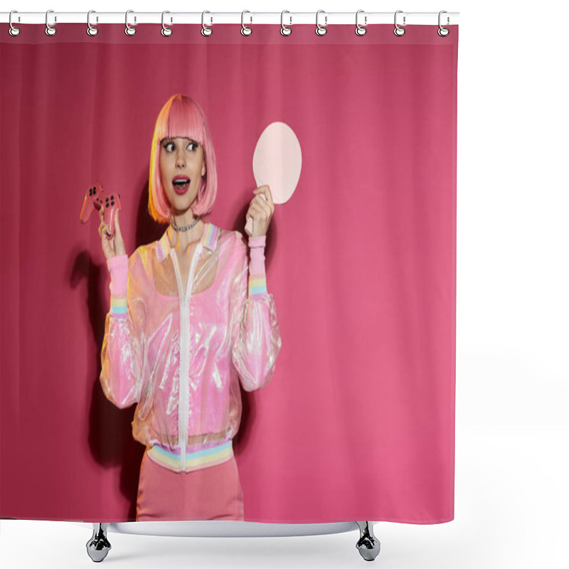 Personality  Woman In Pink Outfit Holds Game Controller And Pink Table Tennis Racket Against Pink Background. Shower Curtains