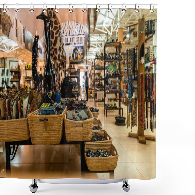 Personality  March 10, 2020. Tanzania, Moshi. Handcrafted Or Handmade African Souvenirs. Traditional African Masks, Figurine And Others Souvenirs Sold In A Souvenir Shop, Tanzania, Africa. Shower Curtains