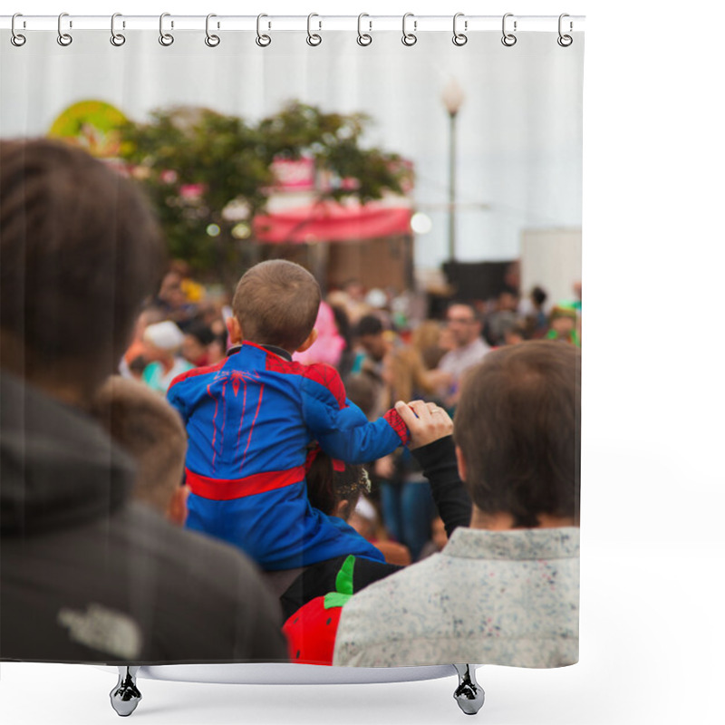 Personality  SANTA CRUZ, SPAIN - February 12: Dressed-up Child On Father's Sh Shower Curtains