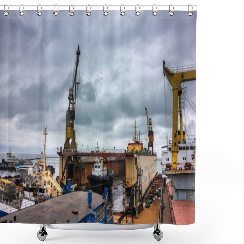 Personality  Tugboats Assist In Marine Operations, Heavy Cranes Lift Equipment. Industrial Ship Repair Yard With Floating Dock, Vessels Undergo Maintenance. Overcast Sky Over Maritime Workplace, Shipping Industry Shower Curtains