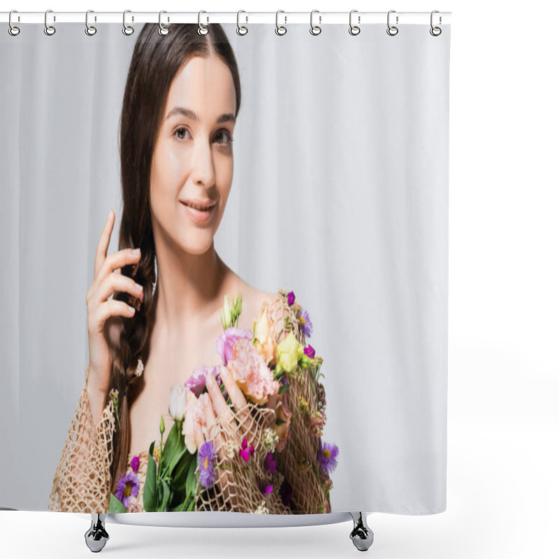 Personality  Smiling Beautiful Woman With Braid In Mesh With Spring Wildflowers Isolated On Grey Shower Curtains