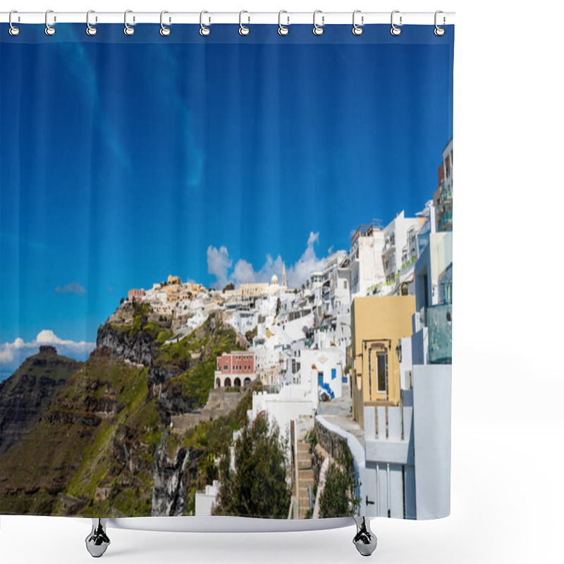 Personality   White Houses On Hill Against Blue Sky In Greek Island  Shower Curtains