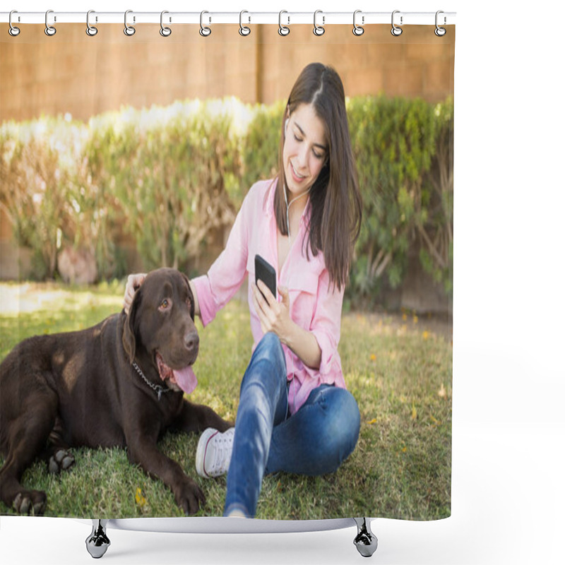 Personality  Enjoying Woman Sitting In Park With Earphones And Smartphone Besides Pet Dog Shower Curtains