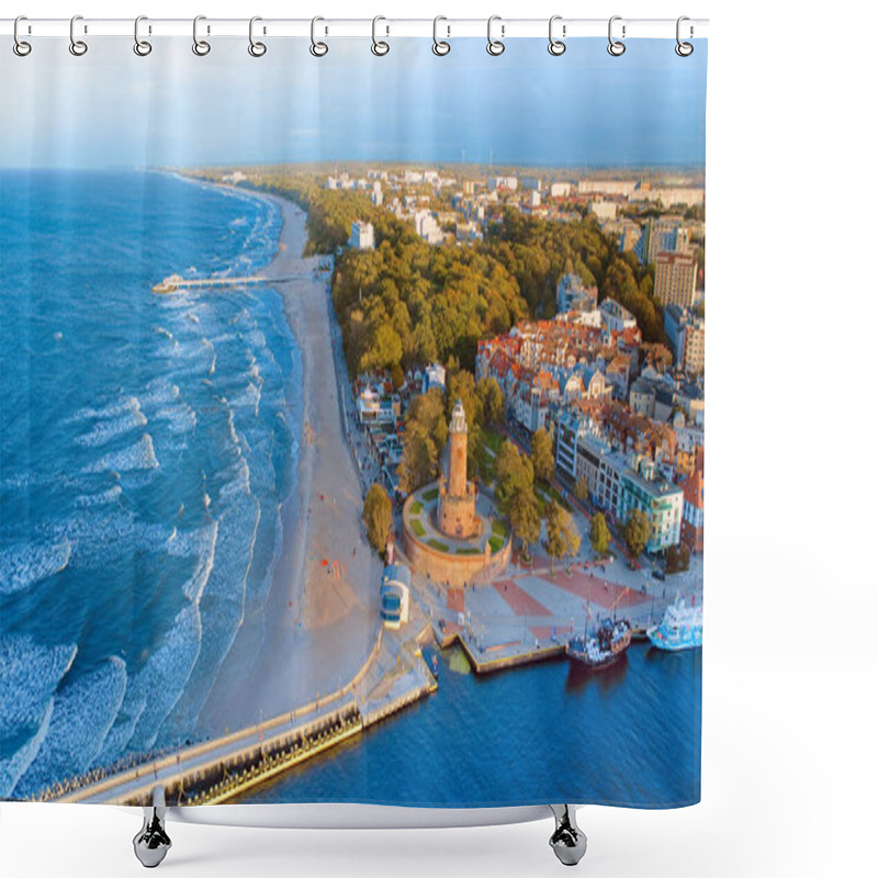 Personality  This Aerial Shot Focuses On Koobrzeg's Iconic Lighthouse And The Thriving Harbor Beneath It. The Coastal Charm, Combined With The Maritime Atmosphere Of This Polish Gem, Is Beautifully Showcased. Shower Curtains