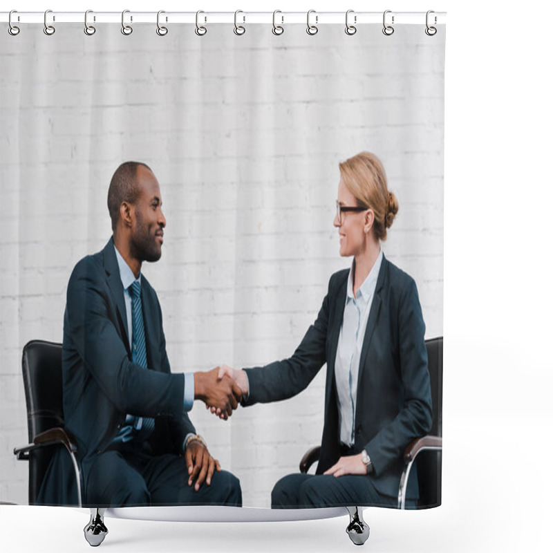 Personality  Side View Of Happy African American Businessman Shaking Hands With Businesswoman While Sitting On Chair  Shower Curtains