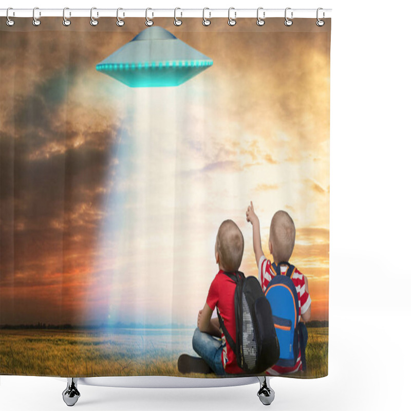 Personality  Two Younger Brother Looking At The Unidentified Flying Object That Appeared In The Sky. Shower Curtains