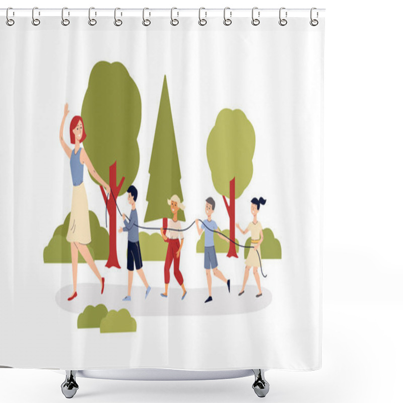 Personality  KIndergarten Or Elementary School On Walk, Flat Vector Illustration Isolated. Shower Curtains