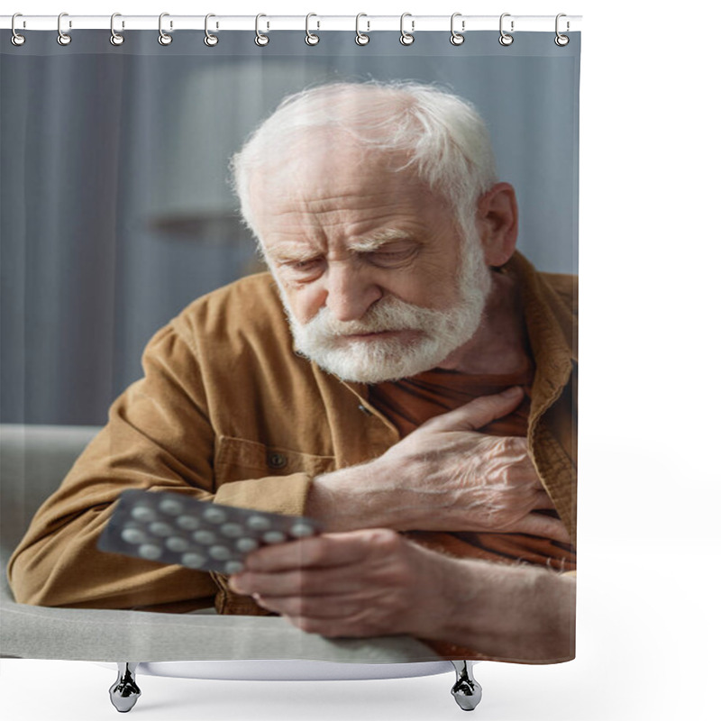 Personality  Lonely Senior Man Touching Chest While Feeling Bad And Holding Pills Shower Curtains