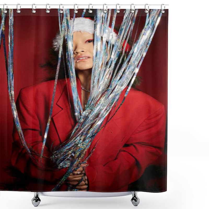 Personality  A Beautiful Asian Woman In A Vibrant Red Outfit Embraces Festive Decorations While Smiling Warmly. Shower Curtains