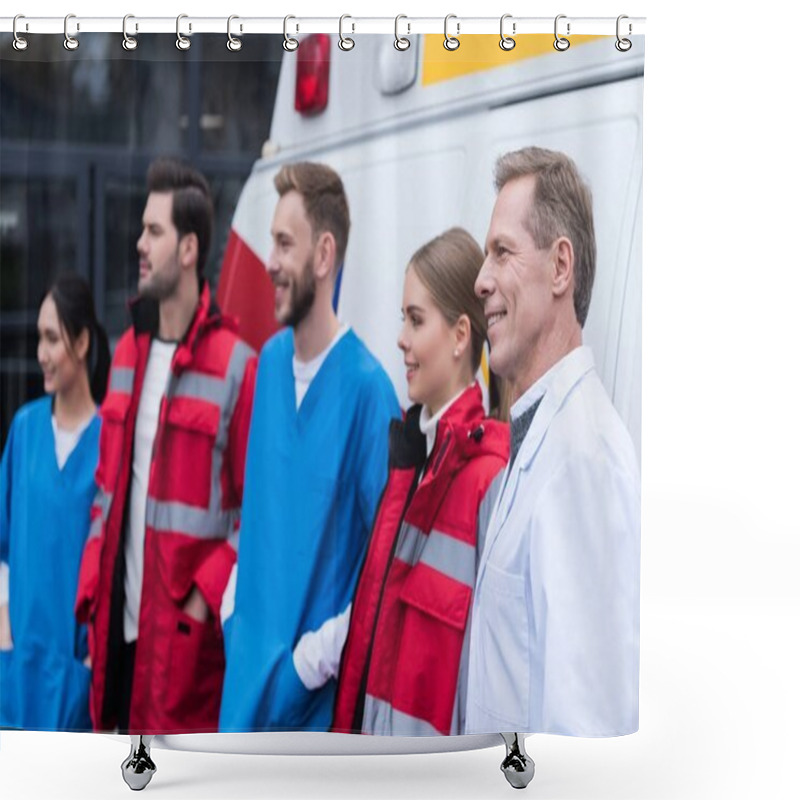 Personality  Ambulance Doctors Working Team Smiling And Standing In Front Of Car Shower Curtains