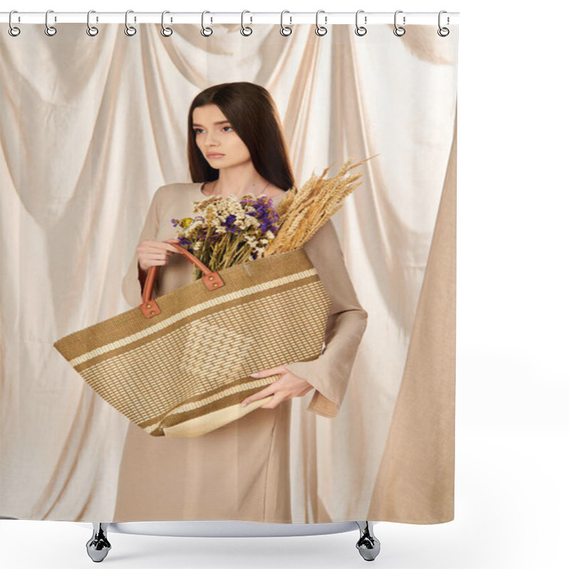 Personality  A Young Woman With Long Brunette Hair Joyfully Holds A Basket Overflowing With Vibrant Flowers, Embodying A Summer Mood. Shower Curtains