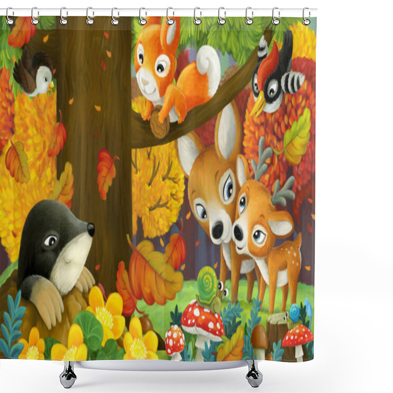 Personality  Cartoon Scene With Forest Animals Friends Having Fun In The Forest Illustration Shower Curtains