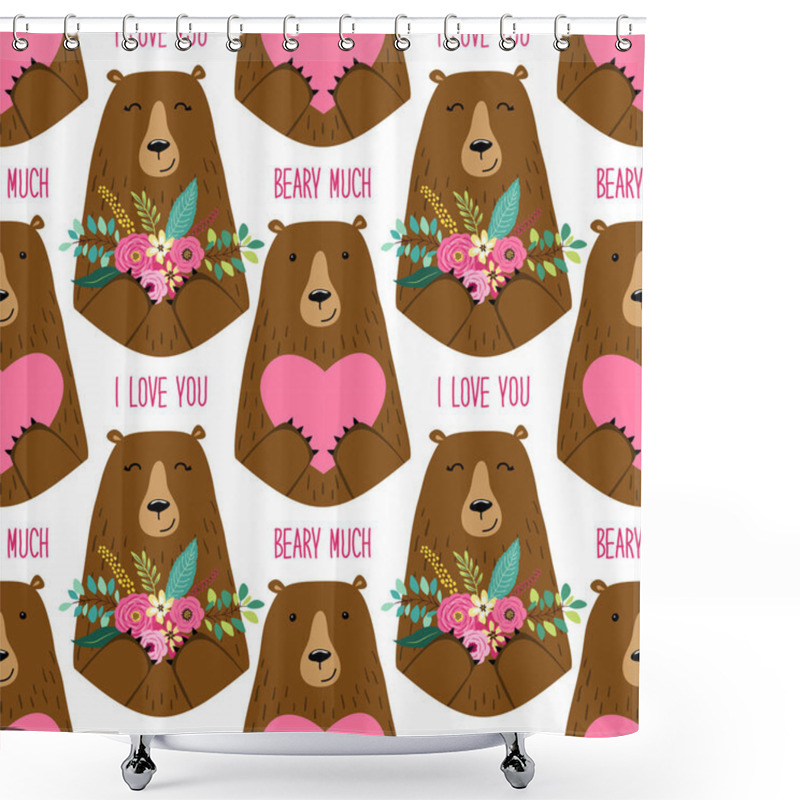 Personality  Cute Childish Seamless Pattern With Cartoon Characters Of Mama Bear And Papa Bear Holding Hearts And Flowers Shower Curtains