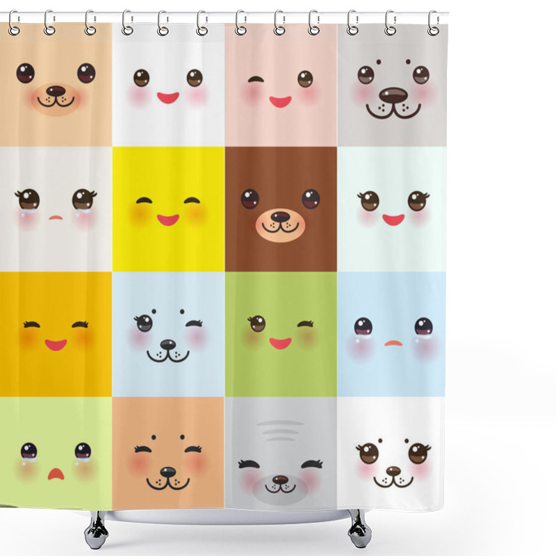 Personality  Kawaii Funny Muzzle Set With Pink Cheeks And Winking Eyes On Square Background. Vector Illustration Shower Curtains