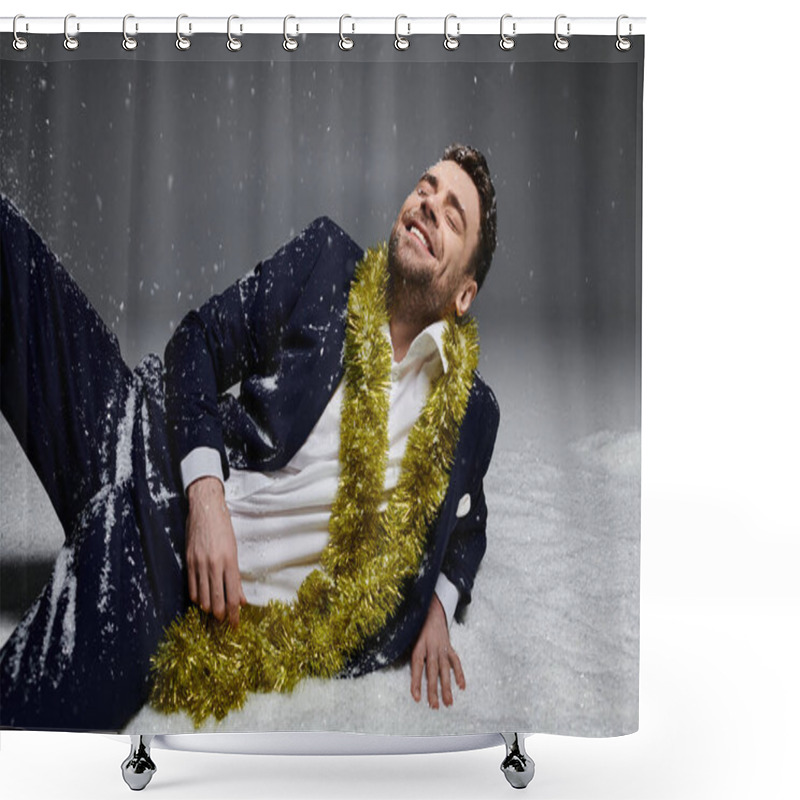 Personality  A Joyful Young Man In Formal Wear Lounges In Fluffy White Snow, Adorned With Festive Decorations. Shower Curtains