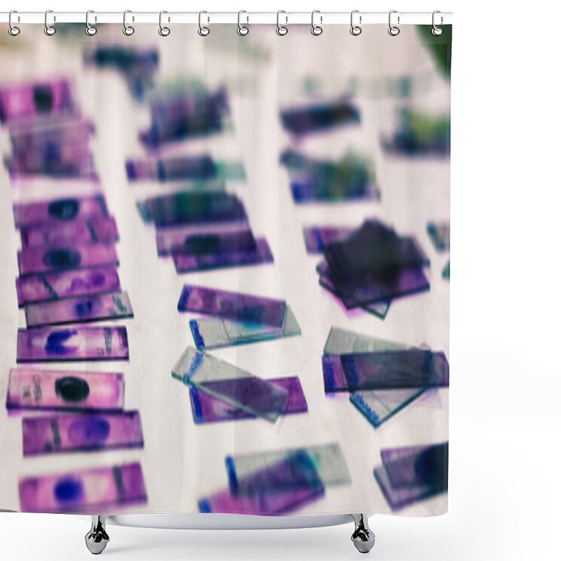 Personality  Stained Glass Slides Of Peripheral Blood Smear With Violet Leishman Giemsa Stain In Hematology Pathology Laboratory Shower Curtains