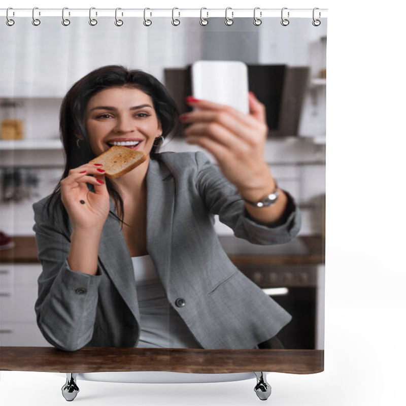 Personality  Selective Focus Of Smiling Woman With Black Dot On Palm Eating Tasty Toast Bread And Taking Selfie, Domestic Violence Concept  Shower Curtains