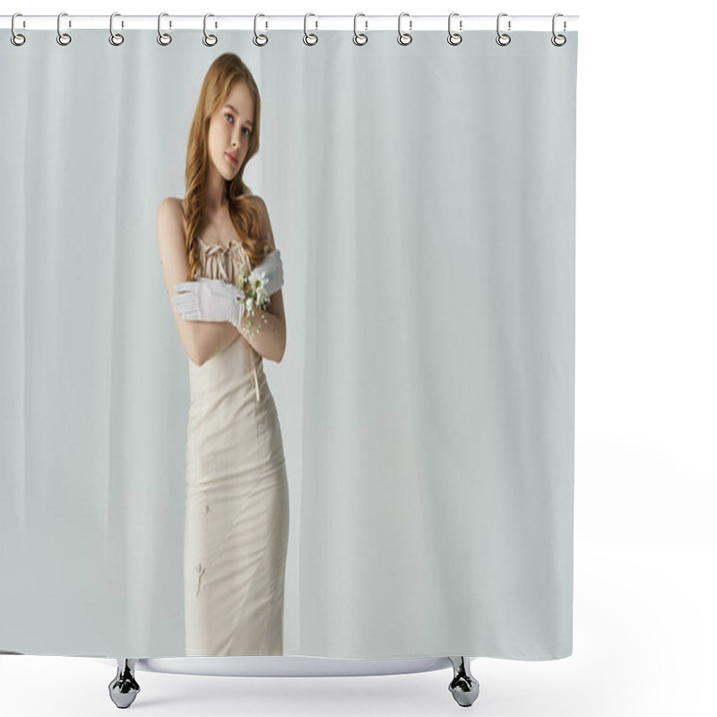 Personality  A Young Woman Stands Elegantly, Cradling White Flowers With A Serene Expression. Shower Curtains