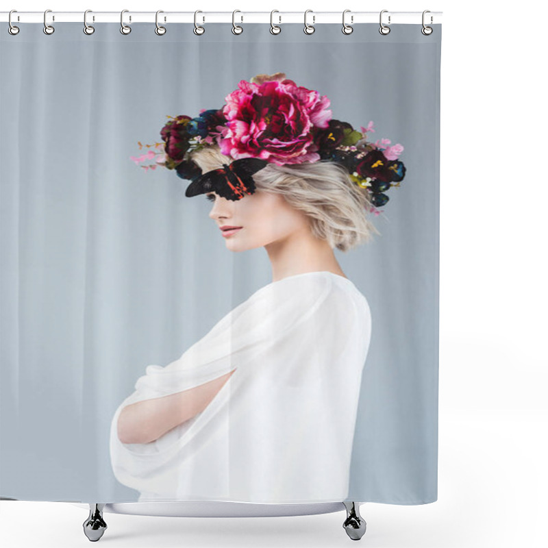 Personality  Stylish Girl Posing In White Blouse And Floral Wreath With Butterfly, Isolated On Grey Shower Curtains