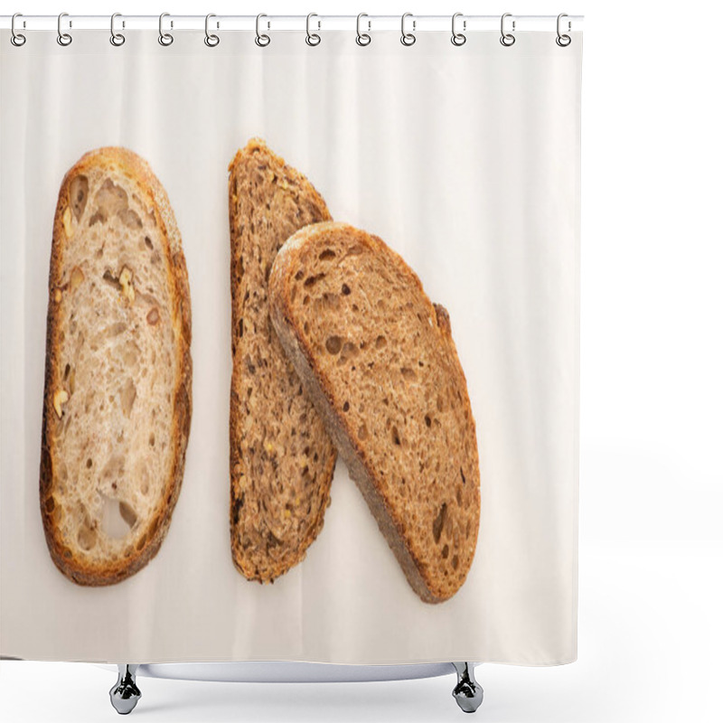 Personality  Top View Of Fresh Whole Grain Bread Slices On White Background Shower Curtains