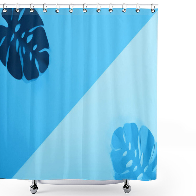 Personality  Flat Lay With Paper Cut Exotic Leaves On Blue Minimalistic Background  Shower Curtains