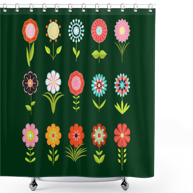 Personality  A Set Of Different Stylized Flowers With Various Leaves In The Style Of The 70's. Vector Illustration. Blooming Colored Icon Set, Floral Design Elements. Shower Curtains