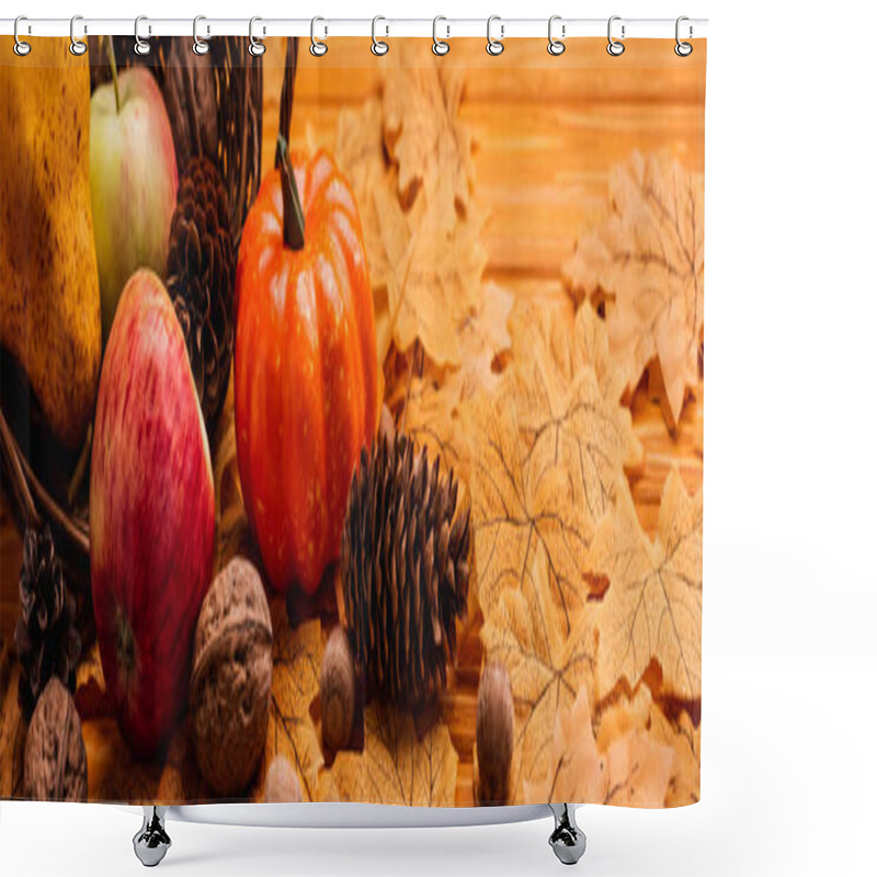 Personality  Autumnal Decoration And Food Scattered From Wicker Basket On Golden Foliage On Wooden Background, Panoramic Shot Shower Curtains