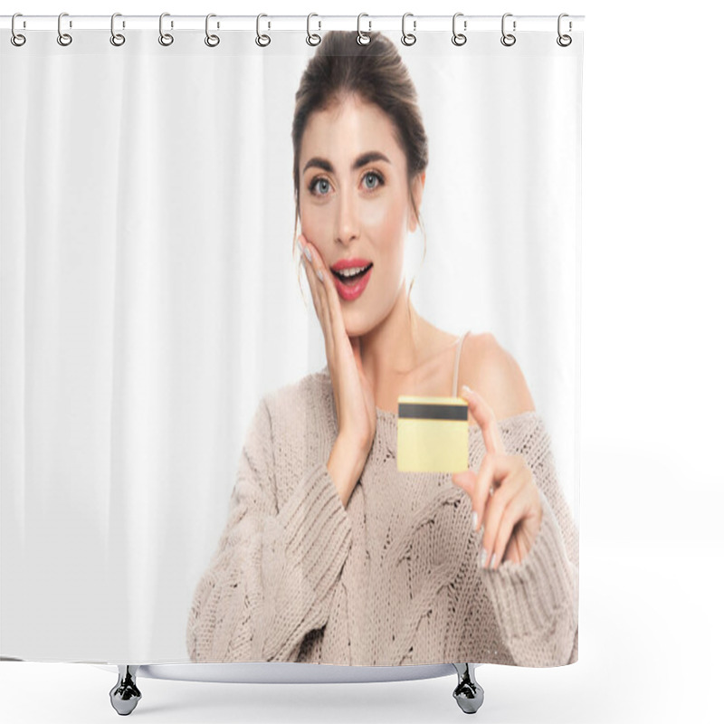 Personality  Excited Woman In Trendy Sweater Showing Credit Card While Looking At Camera Isolated On White Shower Curtains