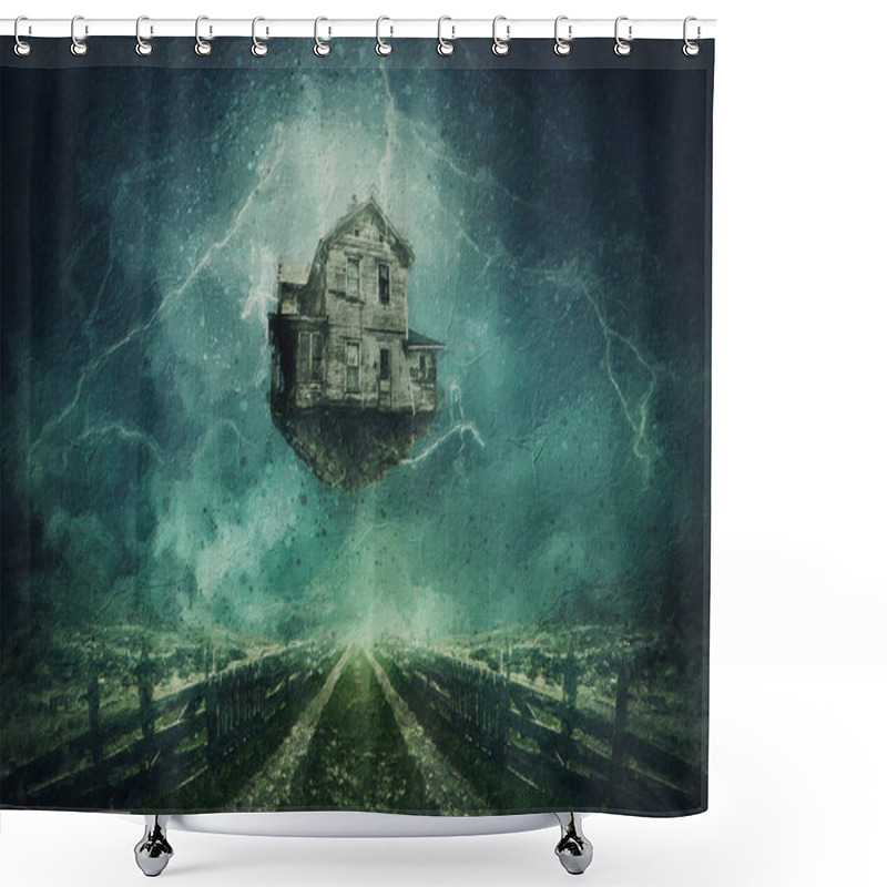 Personality  Alluring Painting Of A Flying Haunted House With Stormy Clouds And Lightning In The Sky. Home Ripped From The Ground Levitating In The Air Shower Curtains