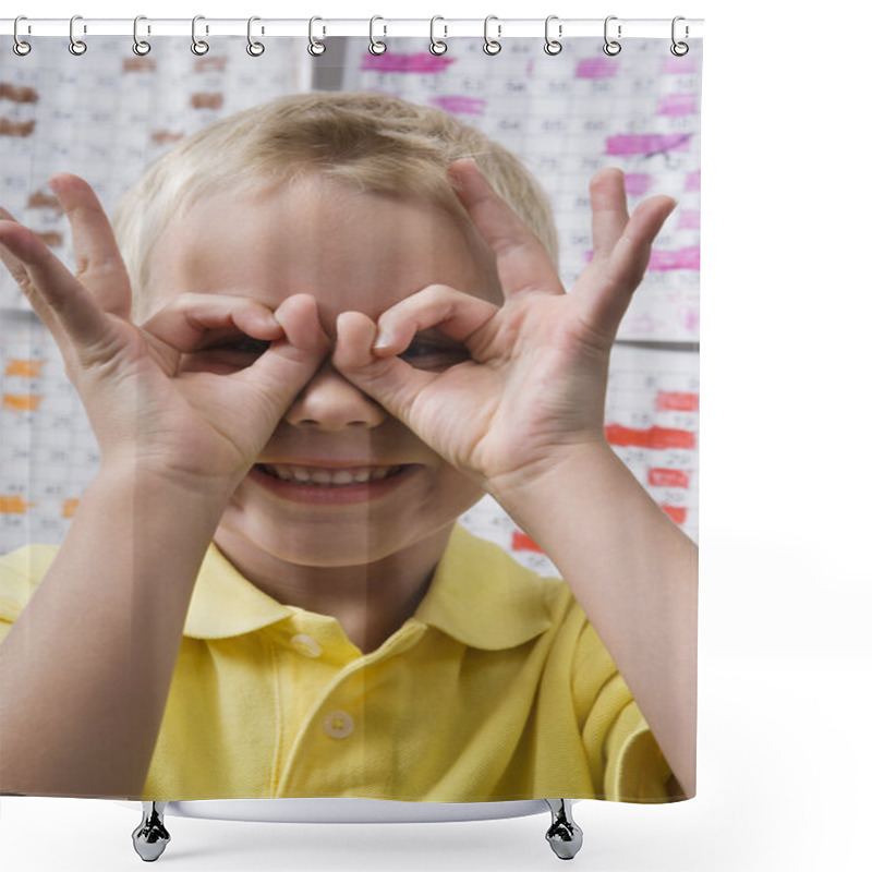 Personality  Boy Making Binoculars With His Hands Shower Curtains