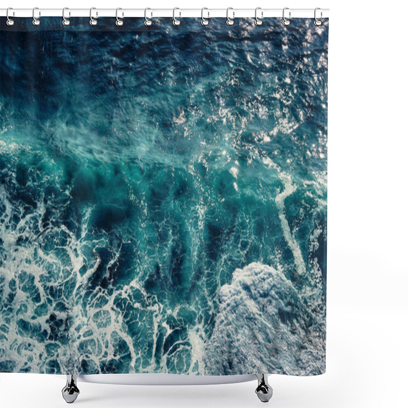 Personality  Aerial View To Waves In Ocean Splashing Waves. Blue Clean Wavy Sea Water. Seething Waves With Foam. Shower Curtains