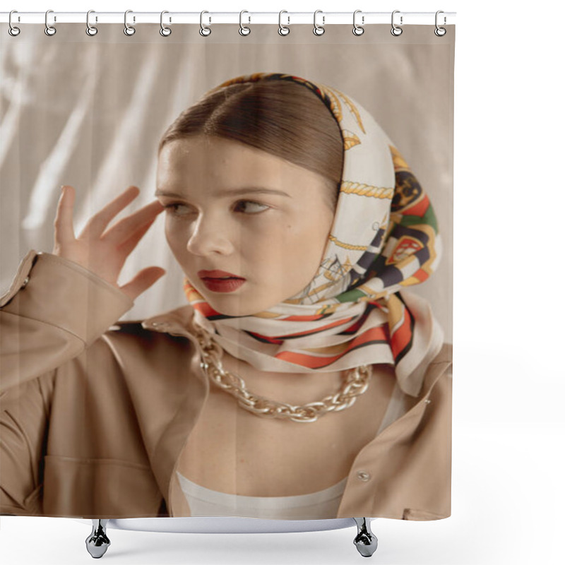 Personality  Fashion Portraits Of A Stylish Girl With Makeup On A Polyethylene Background Shower Curtains