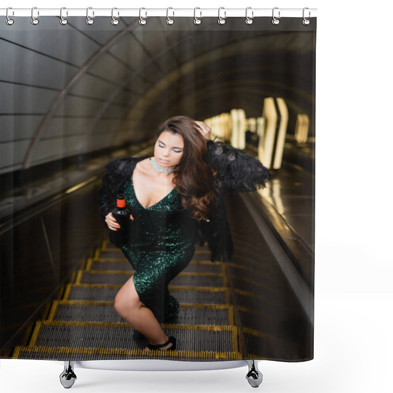 Personality  Seductive Woman In Elegant Black Dress Touching Hair While Holding Wine Bottle On Escalator Shower Curtains