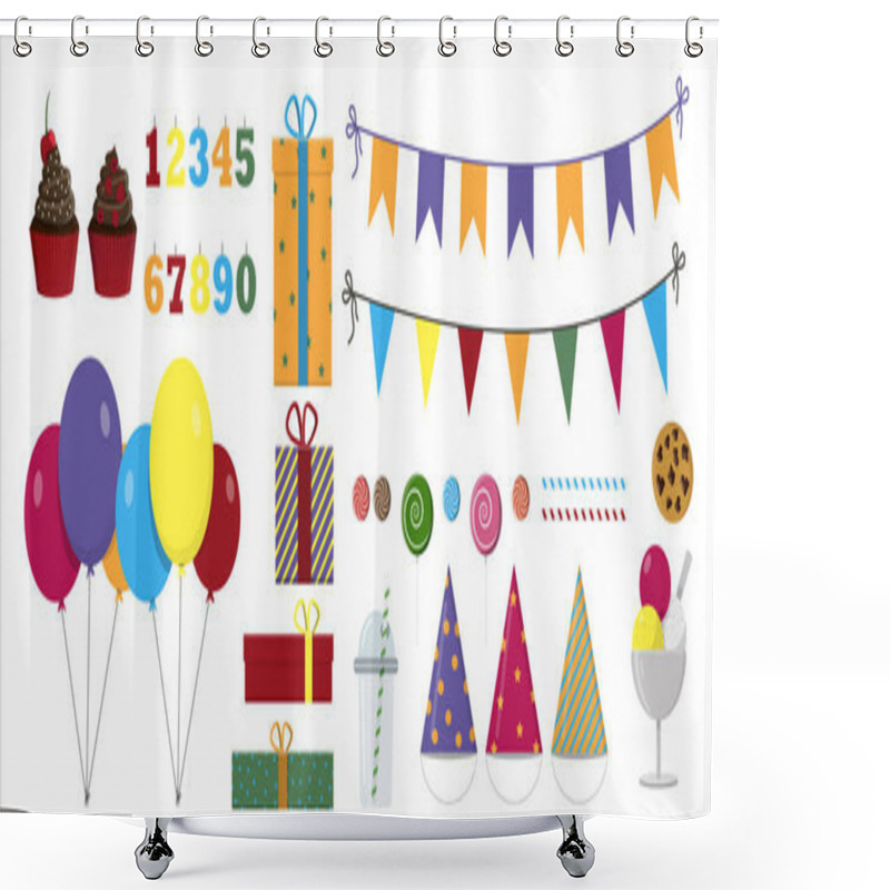 Personality  Vector Set For A Party, Birthday. Flat Illustration Design With Balloons, Gifts, Garlands, Sweets And Drinks. All Holiday Items In The Same Style. Shower Curtains