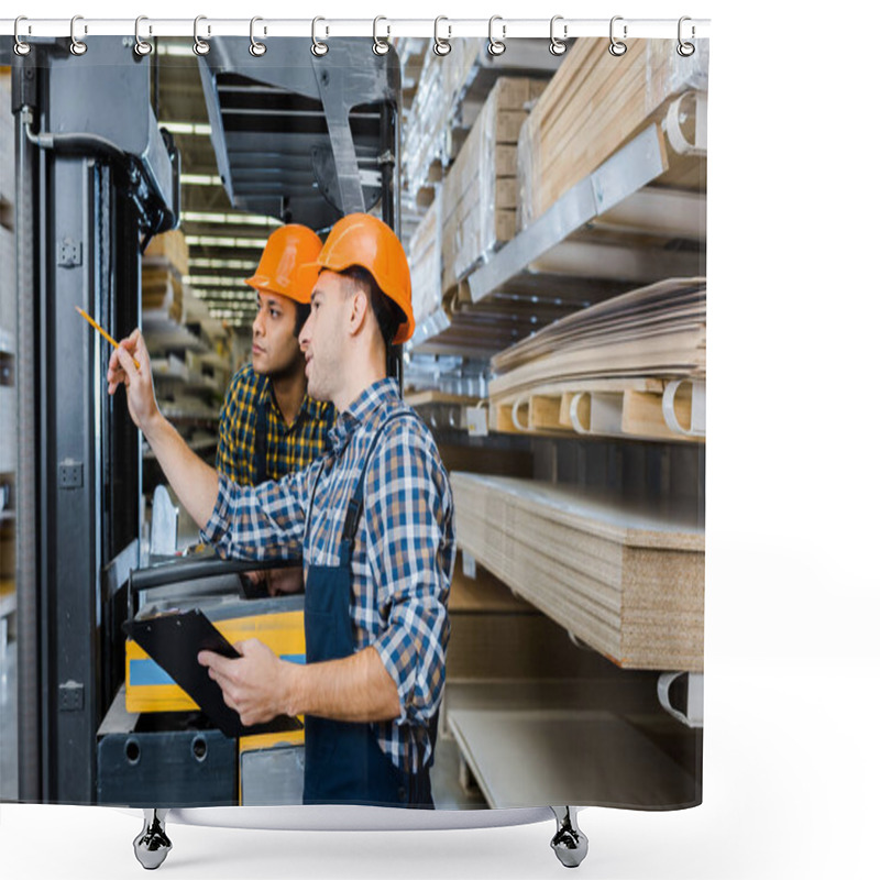 Personality  Multicultural Workers In Uniform And Plaid Shirts Working In Warehouse Shower Curtains