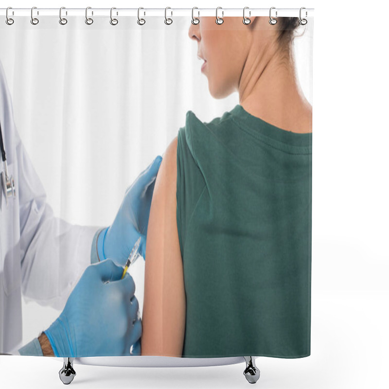 Personality  Cropped View Of Doctor Doing Vaccine Injection To Female Patient Isolated On White Shower Curtains