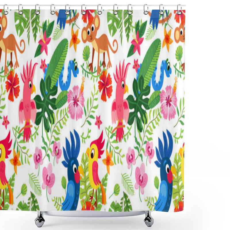 Personality  Cute Tropical Birds In Jungle. Parrots And Toucan Sitting On Branches. Shower Curtains