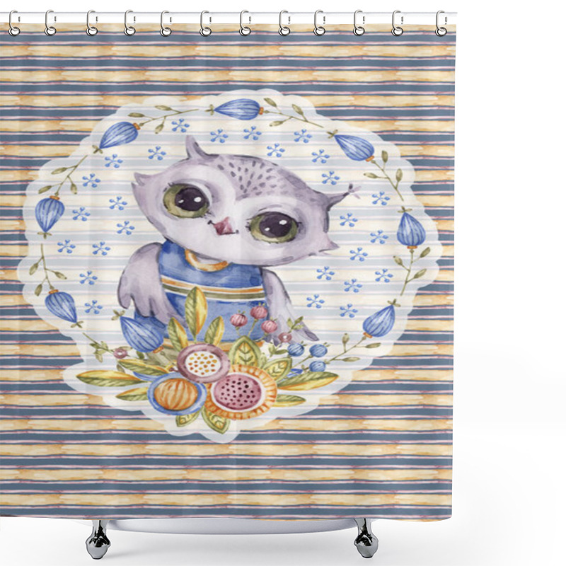 Personality  Aquarelle Owl, Childish Style, Striped Background Shower Curtains