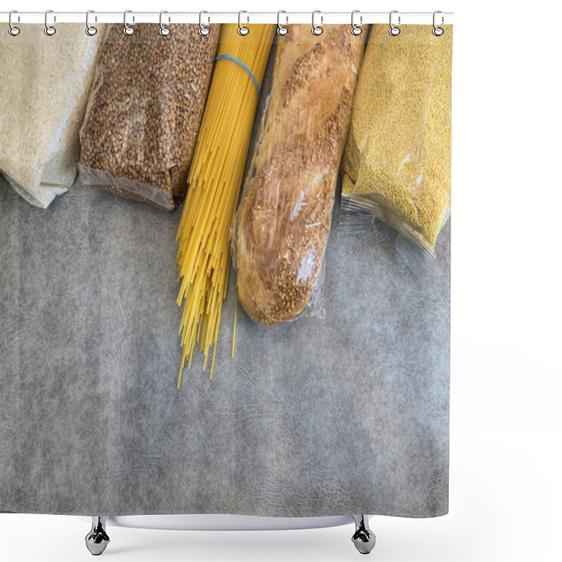 Personality  Crisis Food Products For Isolation Period. Macaroni, Oil, Canned Food, Vegetables, Sugar, Oatmeal, Millet, Lemons, Ginger. Food Delivery, Donation, Coronavirus Quarantine. Shower Curtains