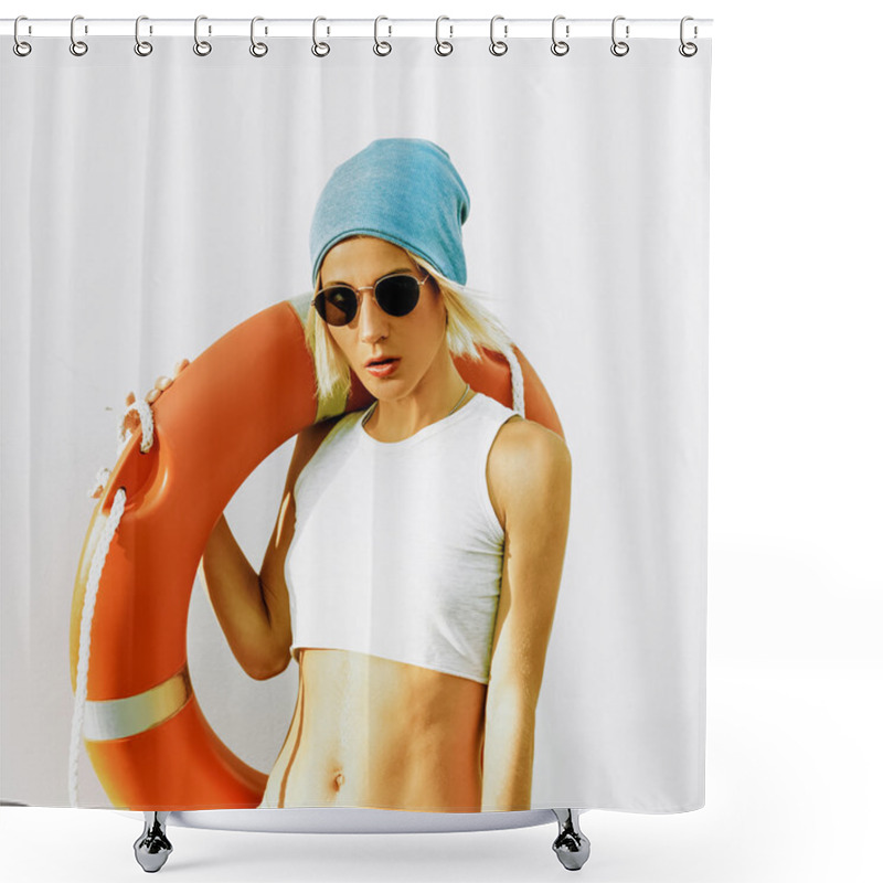 Personality  Fashionable Blonde. Summer. Lifebuoy. Fashion Style Beach Shower Curtains